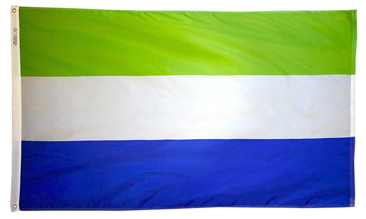 Sierra Leone flag with green, white, blue stripes.
